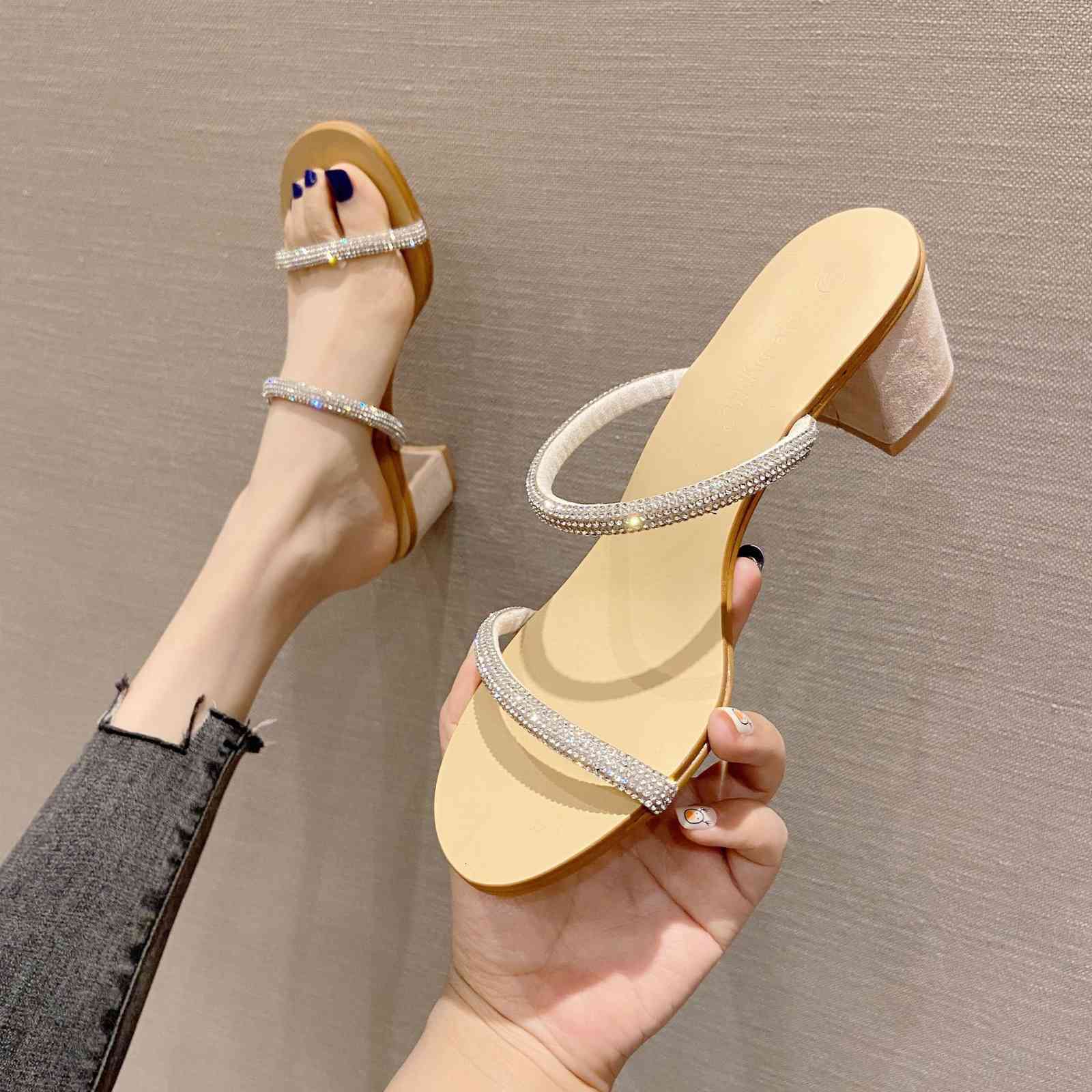 

open Sandals Summer fashion wear toe one word diamond thick heel high sandal Fashion Sandal slipper women Z5YP, 1# shoe box