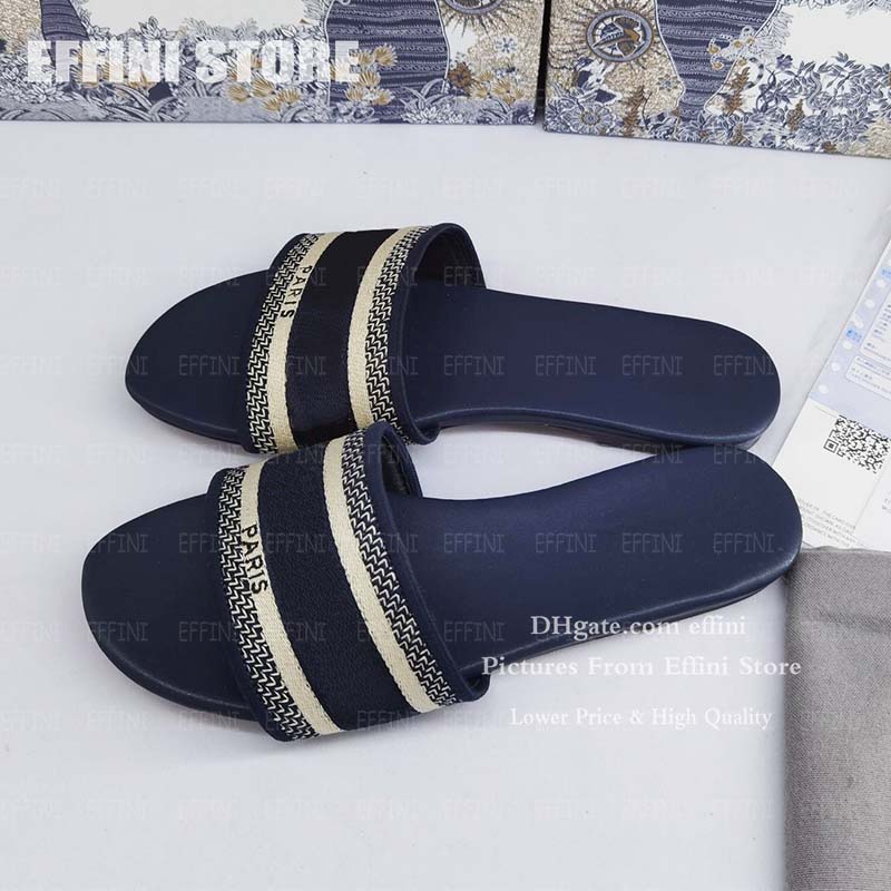 

Wholesale Top Designer Slippers Women Sandals Slides Blue Oblique Embroidered Jacquard High Quality Leather Ladies Casual Wide Flat Shoes effini, Red flower