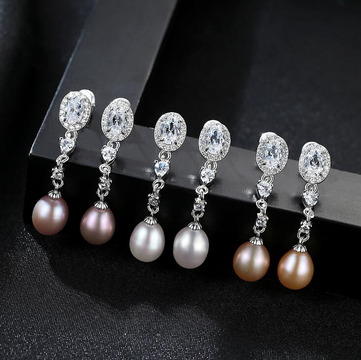 

New Fine Pearl Stud Jewelry S925 sterling silver earring purple pink white natural pearls long earrings