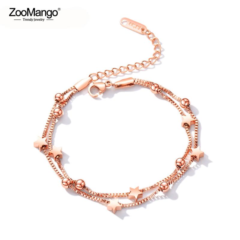 

ZooMango Fashion Stainless Steel Star Ball Chain Link Bracelets For Women Rose Gold Color Double Layer Bracelet Jewelry ZB17099 Link,
