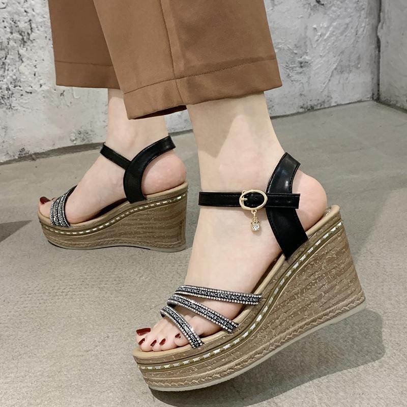

Rimocy Shiny Crystal Woman Heels Sandals For Wedges Shoes 2021 Women Fashion Ankle Strap Platform Sandalias Ladies Rome Dress, Beige