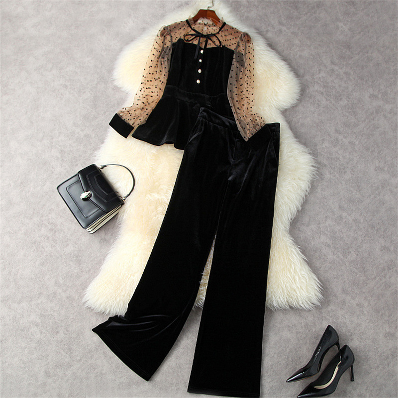 

Fashion Designer Spring Autumn Pants Two Piece Set Outfits Polka Dot Mesh Patchwork Suit Top and Trousers Suit Women Elegant Office Twinset, Black