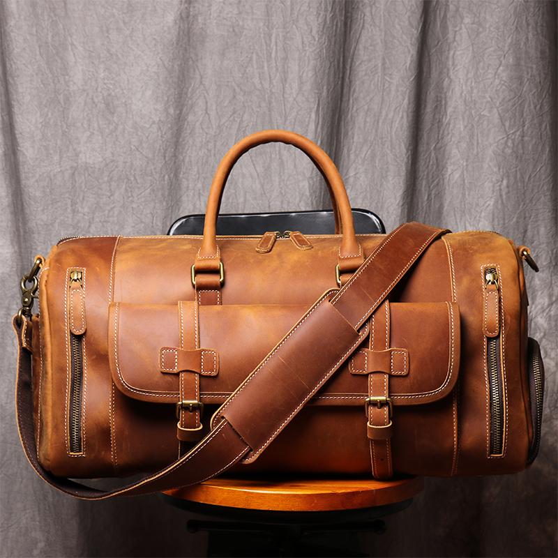 

Duffel Bags Luxury Travel Men Hand Luggage Folding Brown Genuine Leather Large Capacity Weekender Carrying Shoes Shoulder Bag, Vintage brown 51cm