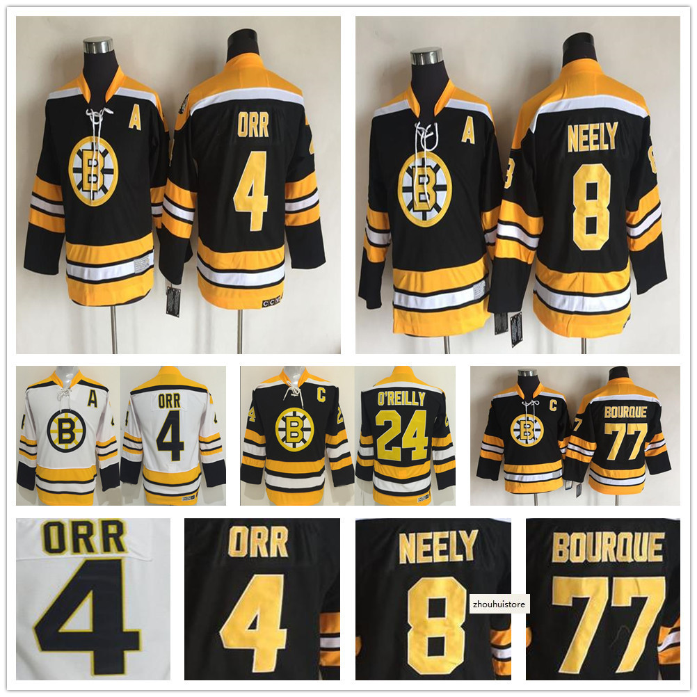 

Kids Vintage Boston Bruins 4 Bobby Orr Hockey Jersey 8 Cam Neely 77 Ray Bourque 24 Terry O'Reilly Youth Boy Children Retro CCM Black Jerseys, Black;red