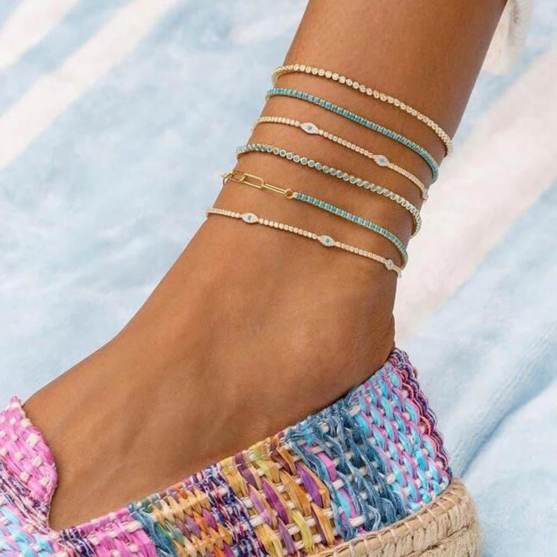 

Anklets 2022 Summer Beach Styles Paved Clear Blue CZ Evil Eye Charm Foot Anklet 2mm Tennis Link Chain Fashion Jewelry For Women Men, Red;blue
