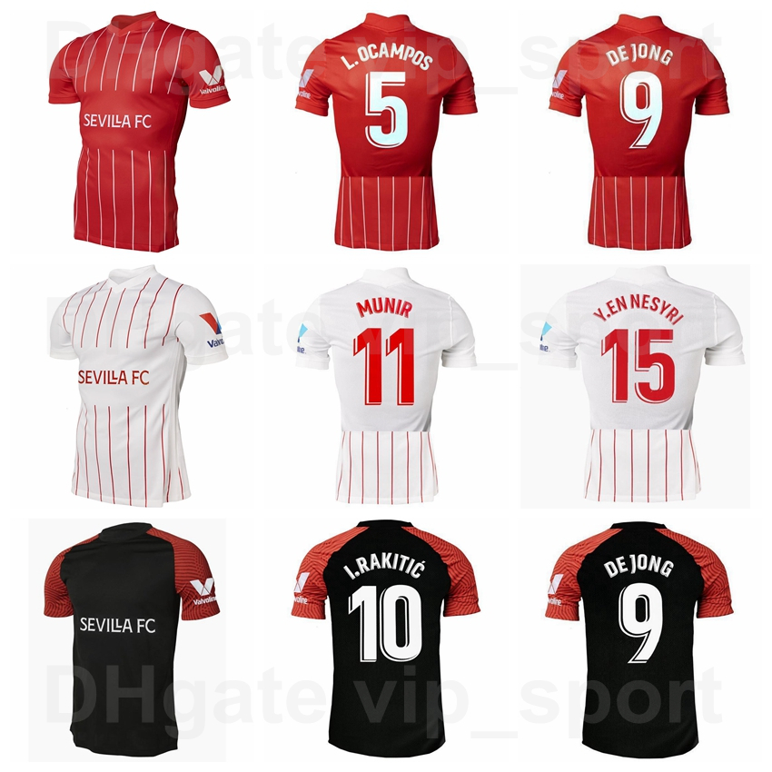 

2021 2022 Men FC Sevilla Soccer Jersey 5 OCAMPOS LAMELA 10 EVER BANEGA 15 EN-NESYRI 16 NAVAS 9 DE JONG 11 EL HADDADI REGUILON Football Shirt Kits Home Red Black White, With patch