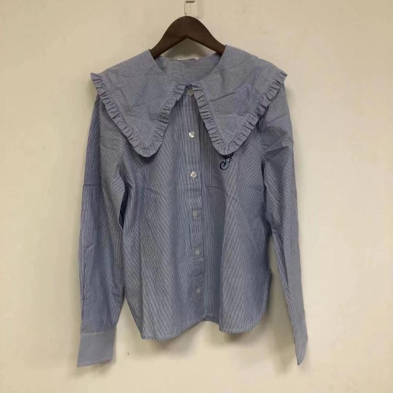 

Women' Blouses & Shirts Ladies 2021 Early Spring Contrast Striped Ruffled Lapel Embroidery Blouse Shirt Top, Color as real pic