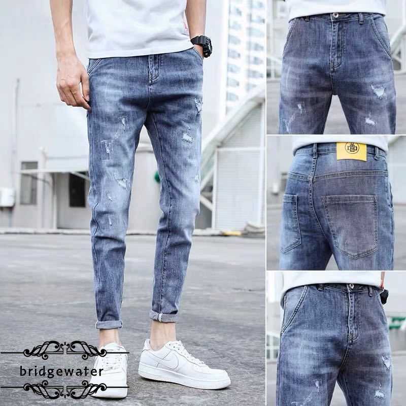 

Bridgewater Spring Autumn Summer Trend Jeans Stretch Ripped Casual Light-Colored Pants Men's Stylish Fashion Trousers X0621, Light blue
