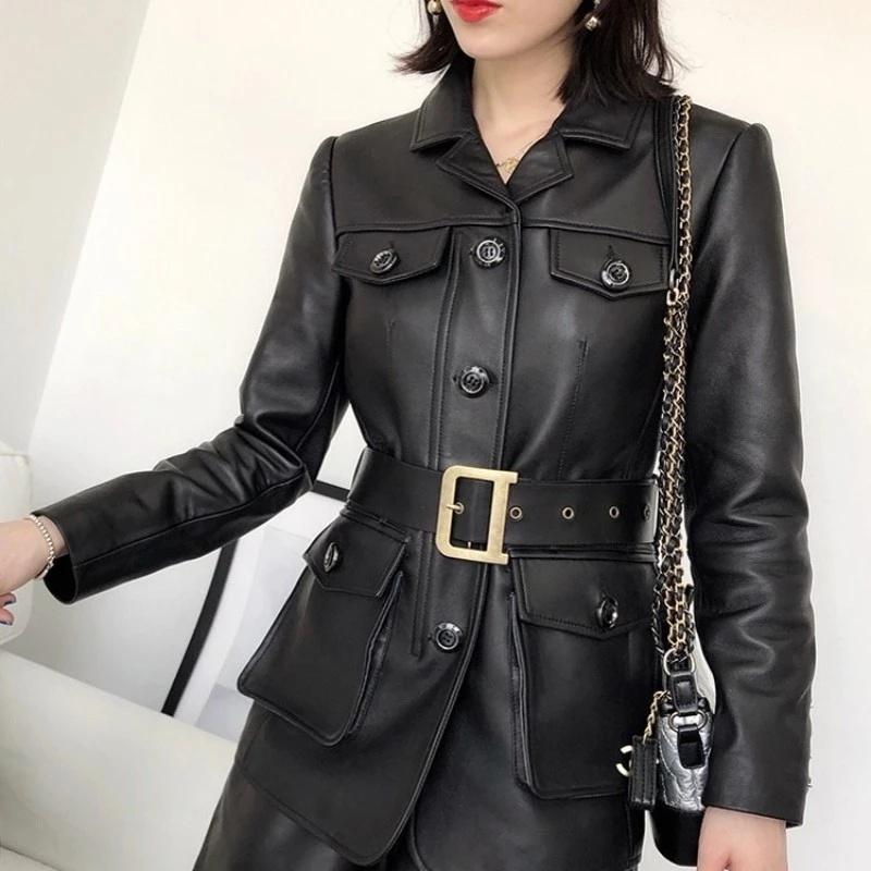 

Women' Leather & Faux Women Fashion Punk Sheepskin Belted Slim Fit Coat Pockets Boyfriend Style Motor Biker Genuine Jacket Autumn Windbreak, Black