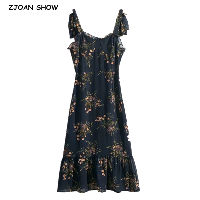 

Vintage French Grass Floral Print Bandage Spaghetti Strap Ruffles Hem Midi Dress Retro Sexy Women Tie Bow Sling Summer Vestido 210429, Black