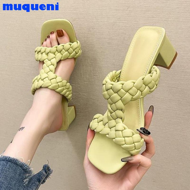 

Slippers Sexy Weave PU Mules Summer Head Peep Toe Transparent High Heel Fashion Slip On Slides Ladies Party Women Shoes 34-39, Black