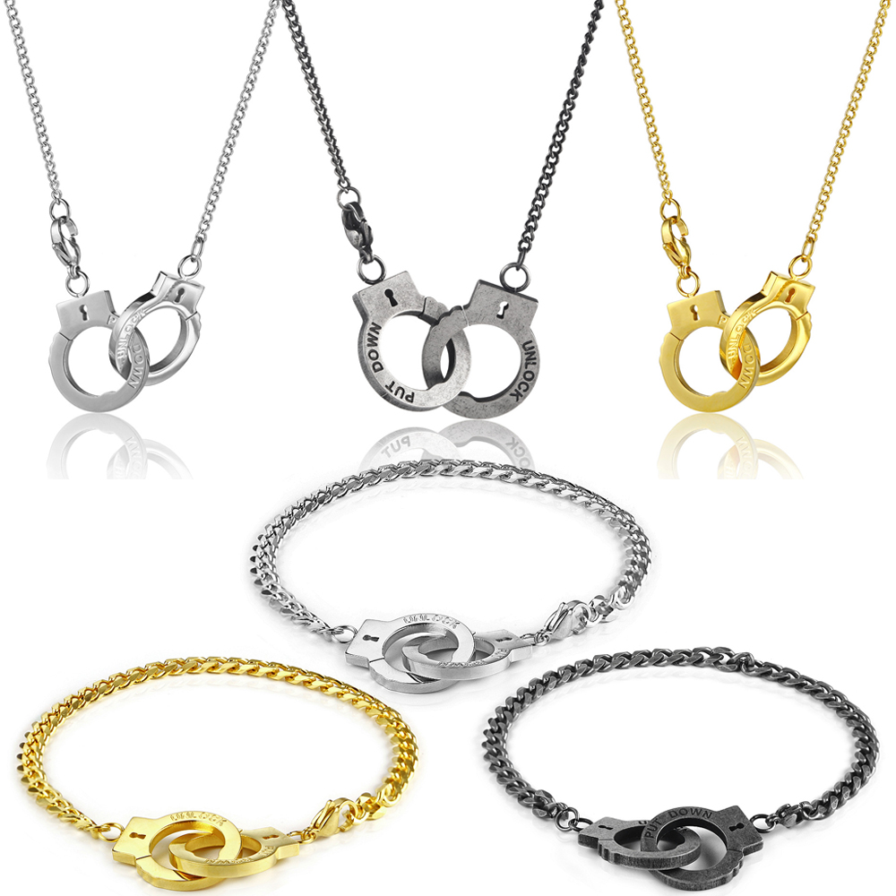 

Stainless Steel Bracelet Curb Chain Necklace PUT DOWN UNLOCK Engrave Retro Handcuffs Pendant Bangle for Men
