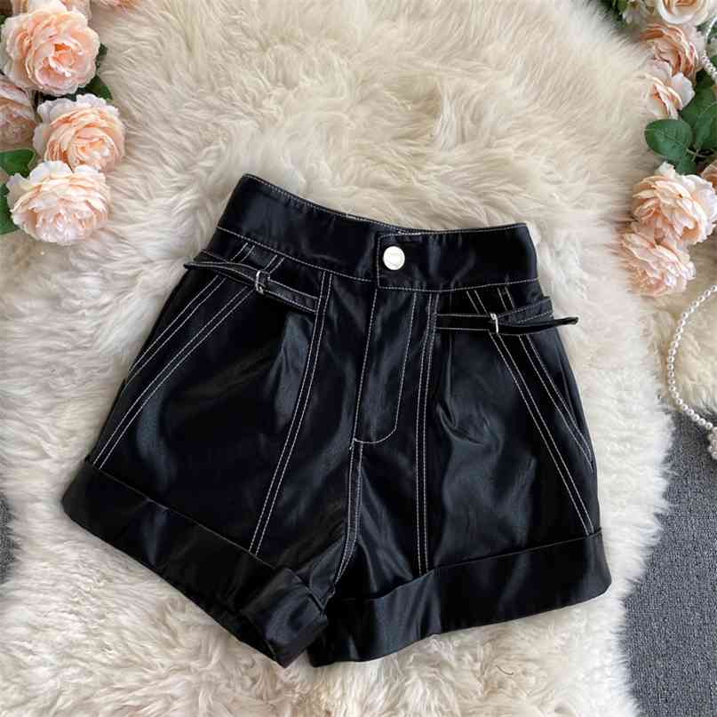 

Women Chic Fashion Faux Leather Shorts Vintage High Waist Striped Wide Leg Zipper Fly Pockets Female Short Pants 210603, Black
