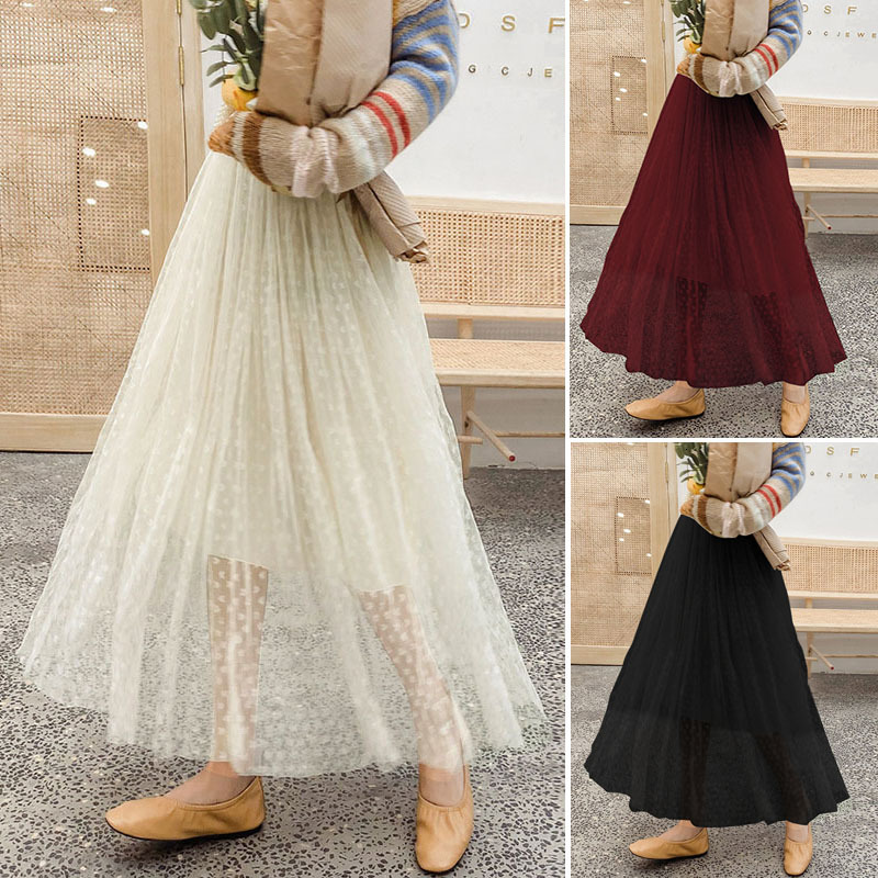 

Skirts 2021 Fashion Women Netting Party Beach Faldas Saia Summer Solid Casual Elastic Waist Long Skirt Loose Plus Size CR5R, Black