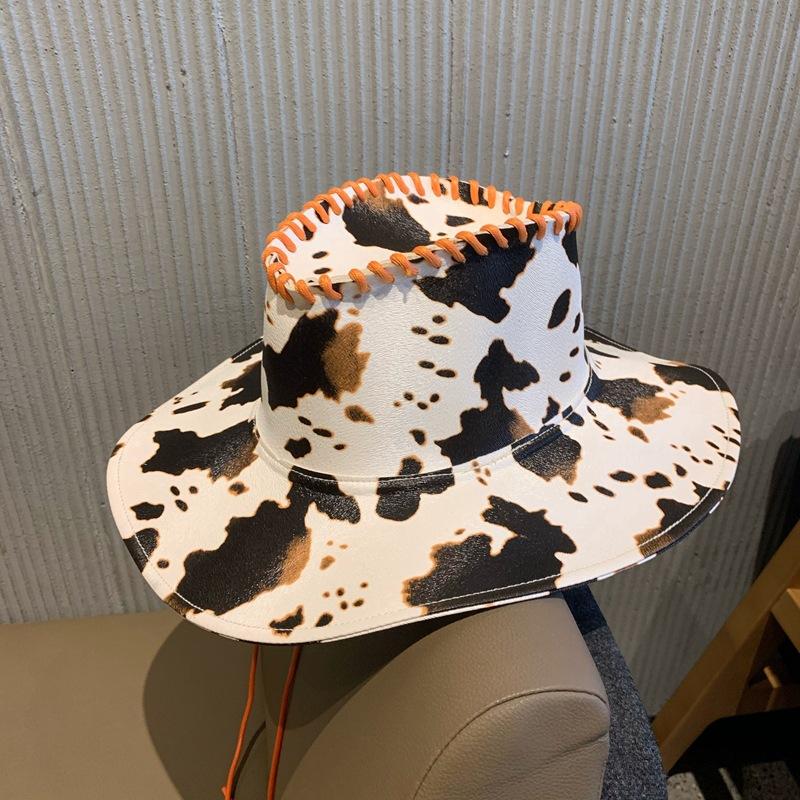 

Wide Brim Hats Women Concave Top Pattern Cowboy Hat British Style PU Leather Autumn Winter Harajuku Girl Casual Jazz, Black