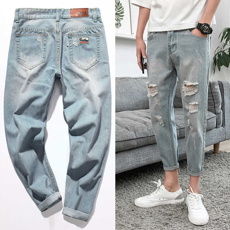 

High quality 2021 Summer light blue Distressed Ripped hole jeans men pants beggar denim Badge Casual teenager Ankle length pants X0621, Sky blue
