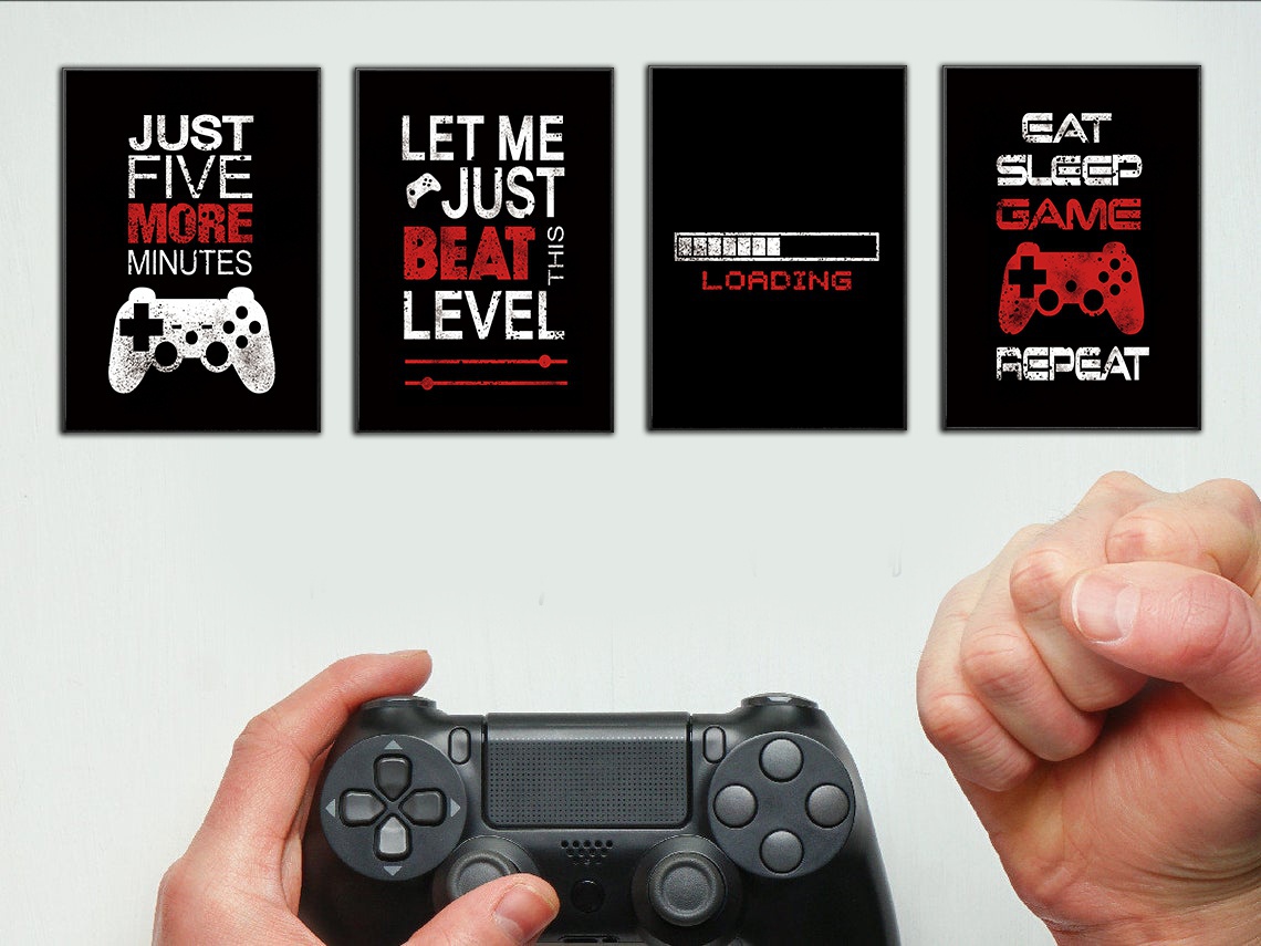 4 Panel Spray Painting Video Game Inspired Quotes Poster Canvas Black White Red Font Gaming Wall Decor Boy's Room Art Boyfriend Gift Without-image-706793164
