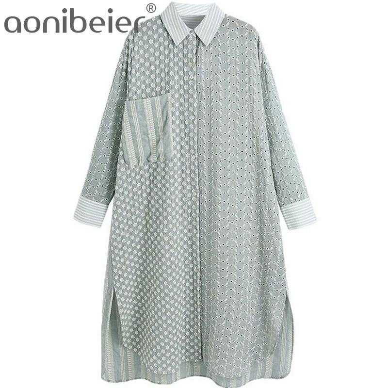 

Striped Patchwork Embroidery Hollow Out Women Casual Blouses Summer Mid Length Long Shirt Female High Low Beach Tops 210604, Gr