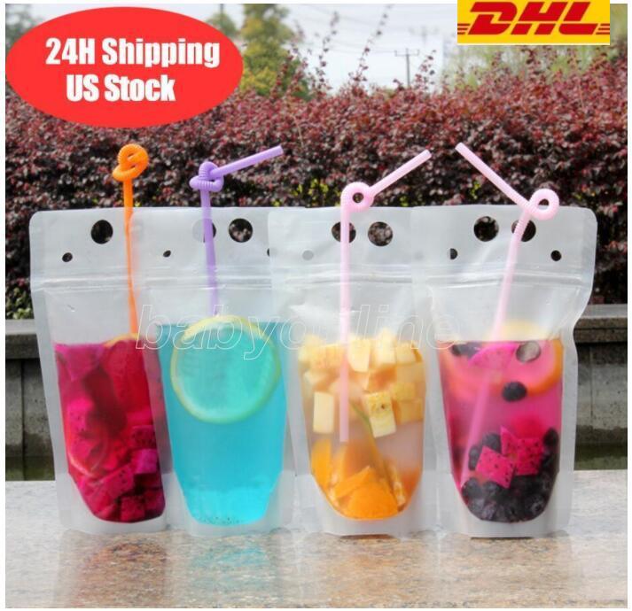 

US Stock Disposable 24H ship Clear Drinks Pouches Bags Plastic Drinking Bag with Straw Reclosable Heat-Proof Juice Coffee Liquid Bags