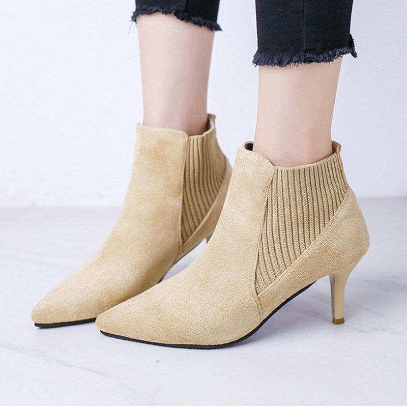 

Boots Size 35-39 Nice Ankle Flock Women Comfort Elegant Jeans Shoes Woman High Heels Office Ladies Career Zipper Footwear, Black