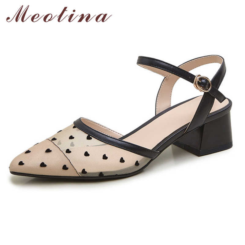 

Meotina Shoes Women Genuine Leather Mid Heel Cutouts Sandals Pointed Toe Thick Heels Heart-Shaped Ladies Sandals Summer Black 40 210608, Apricot