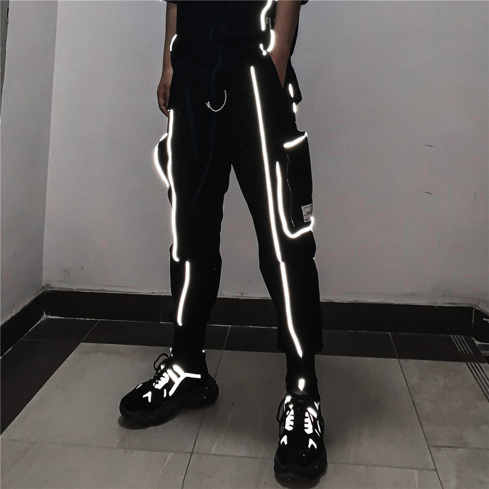 

pants trousers functional wind reflective band leggings men's fashion brand multi pocket overalls street trend loose, Black