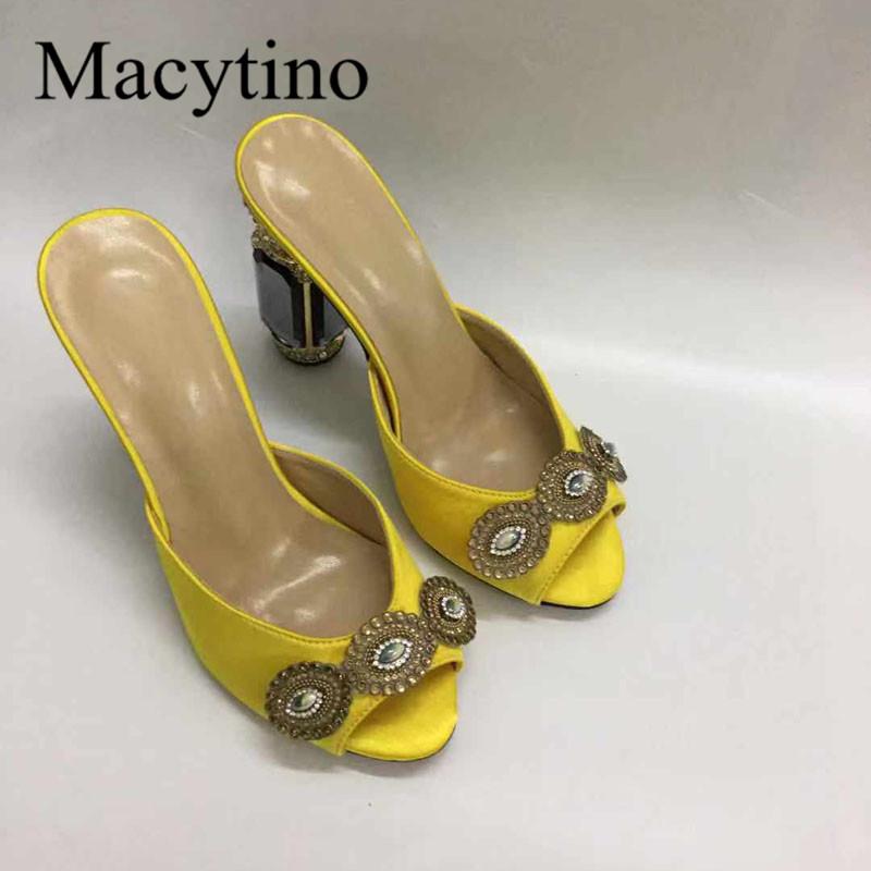 

Slippers Macytino Peacock Feather Embellished High Heel Satin Summer Dress Mules Shoes Women, Black