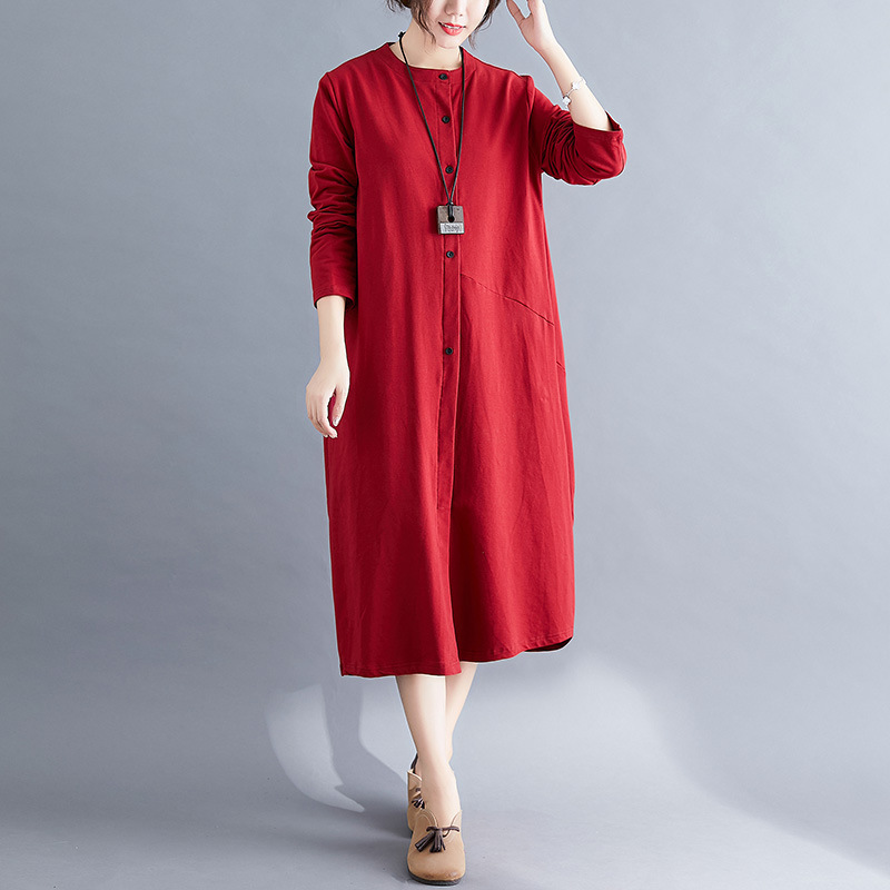 

Johnature Autumn Women Clothes Leisure Loose Dress Full Sleeve Button O-neck Casual Solid Color All-match Women Dresses 210521, Black