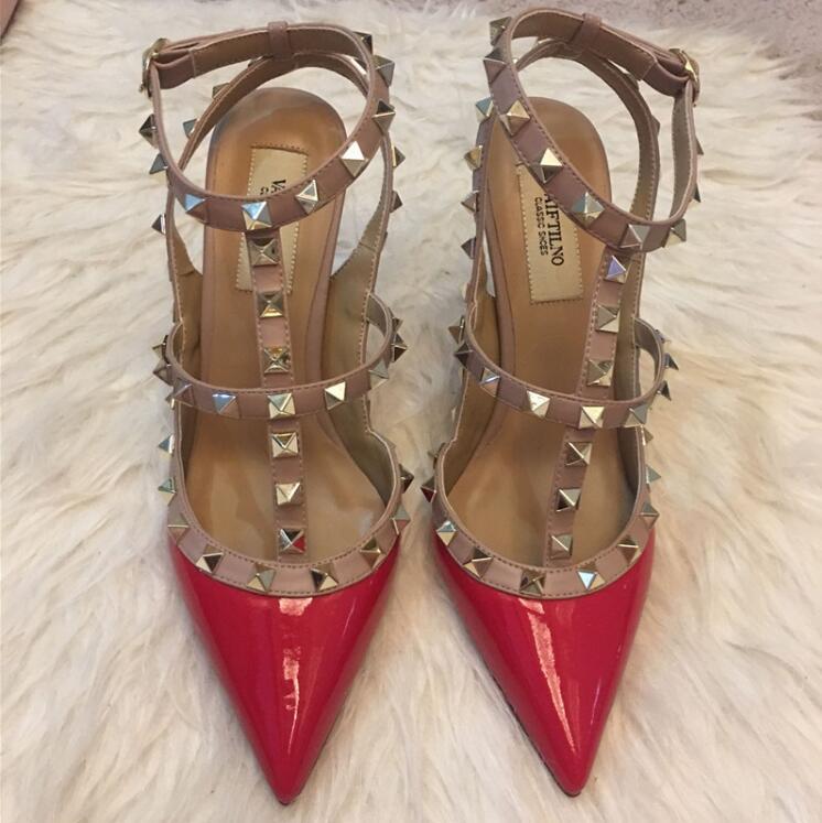 

Dress Shoes Woman Classic Designer Brand High Heels Sandal Nude Fashion Ankle Straps Rivets Sexy Heels, 34--43 With V No Box, Black