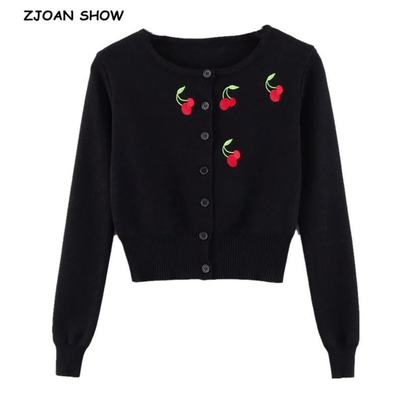 

Spring French Cherry Embroidery Knitted Cardigan Kawaii Retro Cropped Sweater Coat Center Buttons Woman Long sleeve Short Jumper 210429, White