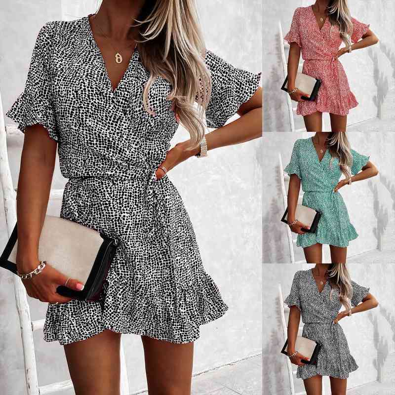 

dresses woman summer fashion ruffles short sleeve summer printed v-neck lace v-neck casual floral tunic mini sundress, Black;gray