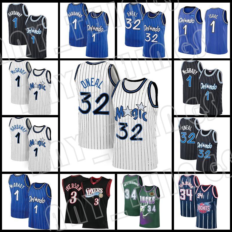 

Retro 32 Shaquille Tracy Penny 1 Hardaway McGrady Basketball Jersey Jonathan Isaac Buck Ray Giannis 34 Antetokounmpo Allen Hakeem Olajuwon M, Black;red