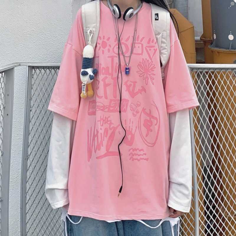 

Autumn punk casual fashion ins Korea Ulzzang women's long-sleeved plus size hip-hop Harajuku Vintage sweatshirt 210608, Pink