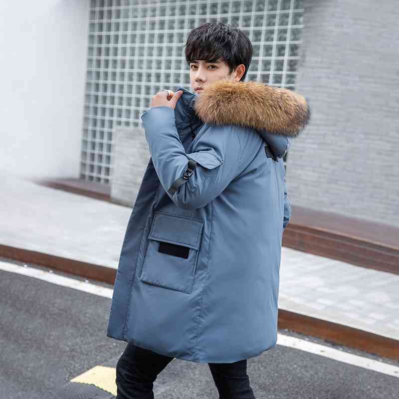 

Large wool collar medium long solid down jacket work clothes men's Plush thickened trend hooded 2021 winter new, Black