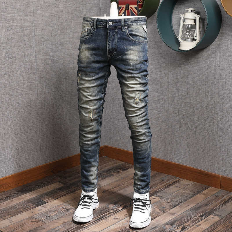 

Italian Style Fashion Men Jeans Elastic Slim Fit Casual Denim Long Trousers Retro Blue Vintage Designer Cotton Pencil Pants