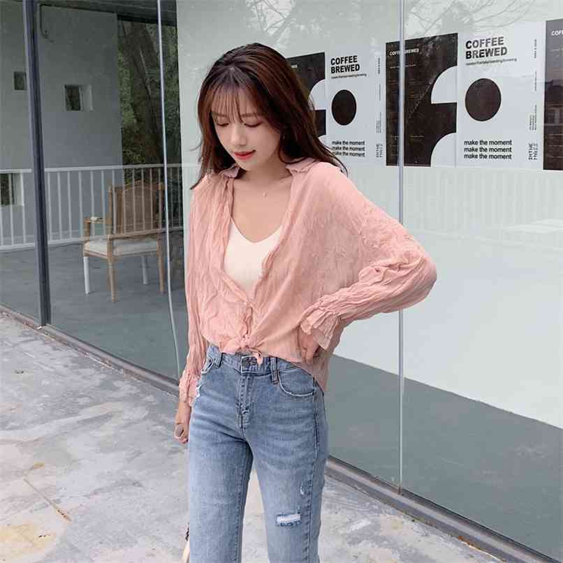 

Fashion blouses spring style Korean women's pleated solid color long-sleeved chiffon shirt sunscreen cardigan women 210520, Apricot