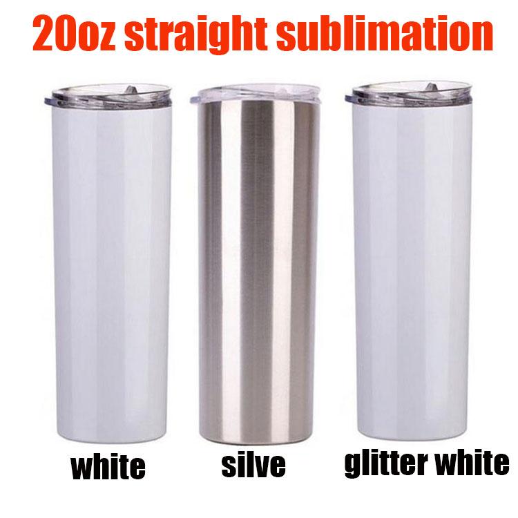 

3 style 20oz sublimation straight skinny tumbler silver white and glitter slim cup with metal straw vacuum travel mug DIY gifts