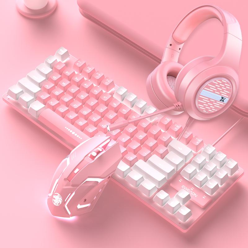 

Keyboard Mouse Combos 3 In 1 Earphone 87-key Girl Cute Pink Mute Office Notebook With Headphone Microphone For PC