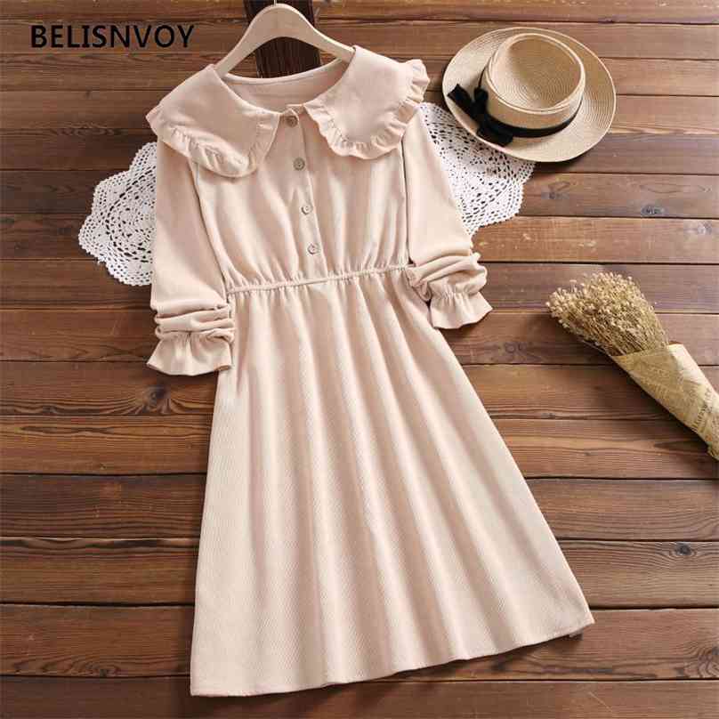 

Japanese Mori Girl Spring Autumn Women Dress Peter Pan Collar Apricot Pink Lace Up Vestidos High Waist Kawaii Corduroy Dresses 210520