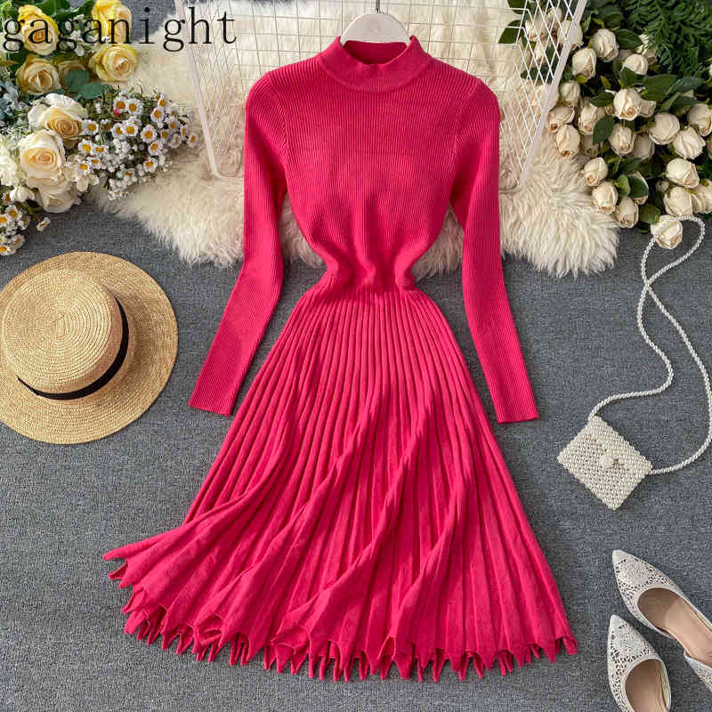 

Gaganight Elegant Solid Knitted Women Dress Long Sleeve O Neck Spring Autumn Slim Dresses Office Lady Basic Midi Korean Vestidos 210519, Red
