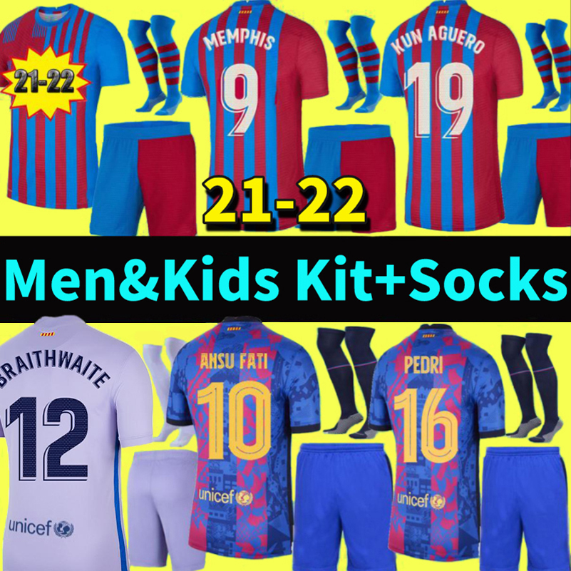 

21 22 MEMPHIS F.DE JONG soccer jerseys home away third KUN AGUERO ANSU FATI PEDRI goalkeeper TER STEGEN DEST COUTINHO BRAITHWAITE O. DEMBÉLÉ ROBERTO men kids kit sets socks, 3rd kids kit