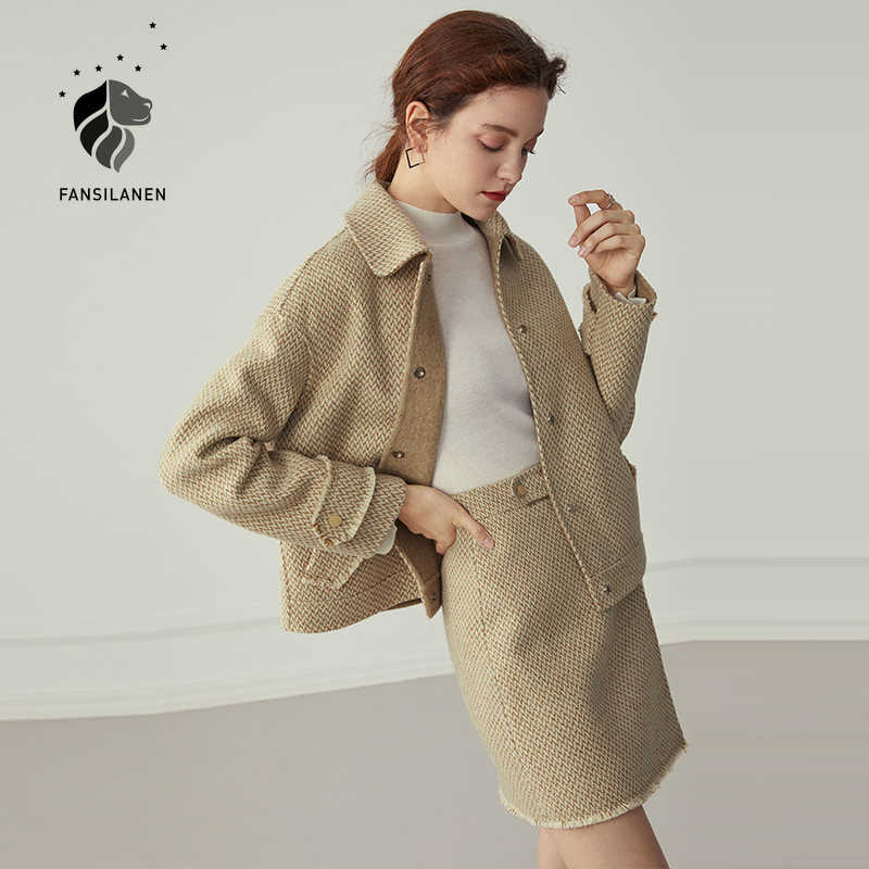 

FANSILANEN Wool blend casual two-piece suit sets Women autumn winter office elegant skirt and top set Female matching 210607