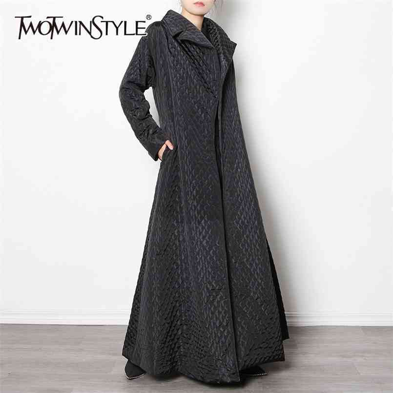 

Black Loose Long Parkas For Women Lapel Sleeve Solid Minimalist Casual Cotton Coat Female Fashion Winter 210524