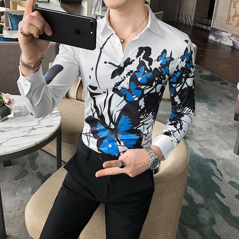 

Men's Casual Shirts Black/White Autumn Floral Shirt Men Clothing 2021 Simple Slim Fit Long Sleeve Camisa Masculina Streetwear Tuxedo 3XL, White;black