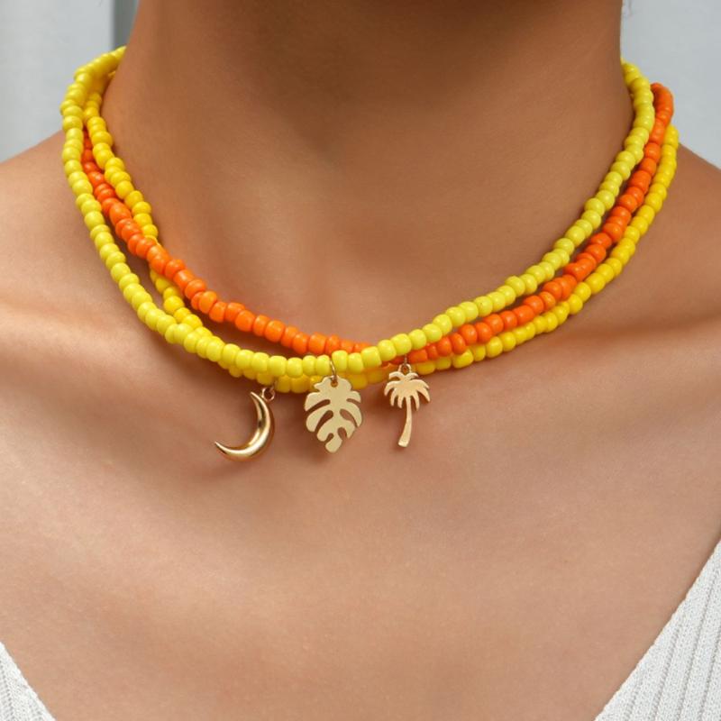 

Pendant Necklaces Andshiny Bohemian Palm Tree Fishbone Necklace Women Multi-layer Neck Unisex Personality Rice Bead Stack Wearing