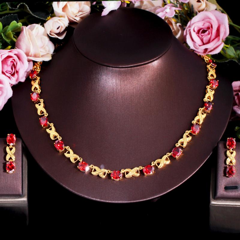 

Earrings & Necklace ThreeGraces Sparkling Red Cubic Zirconia Round Choker Fashion Party Jewelry Set For Women Accessories TZ652, As pic