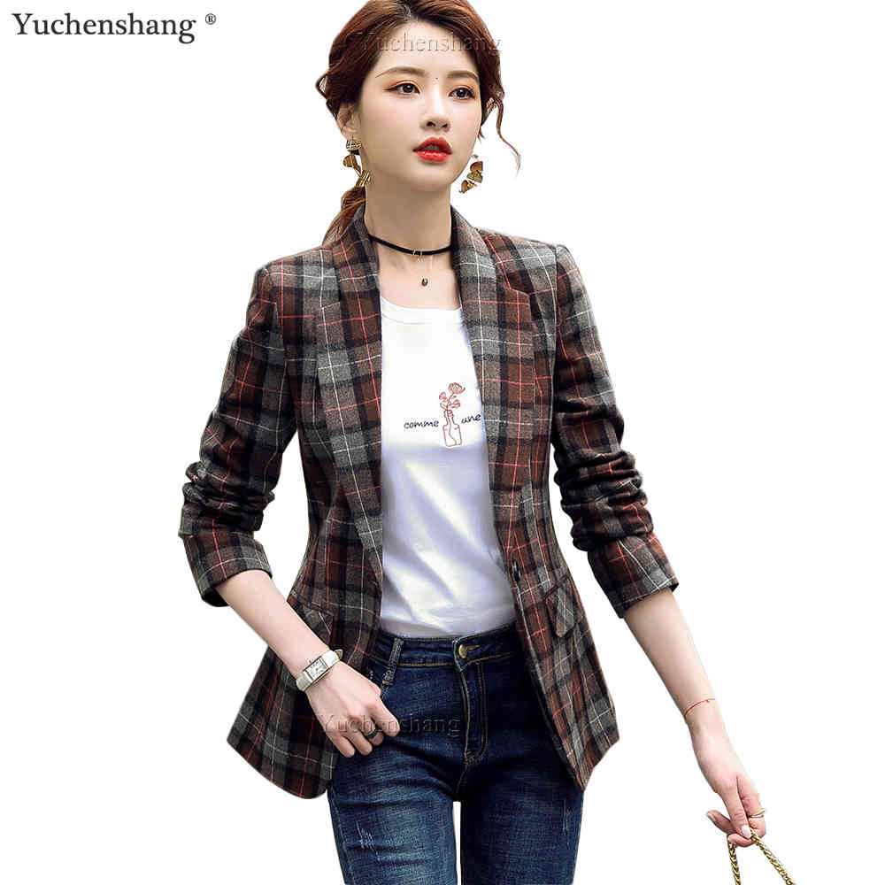 

Women's Suits & Blazers Fall Autumn Winter New Blazer Top Women Fashion S-4XL Casual Female Girl Ladies Slim Brown Coffee Plaid Coat Jacket, Brown plaid blazer