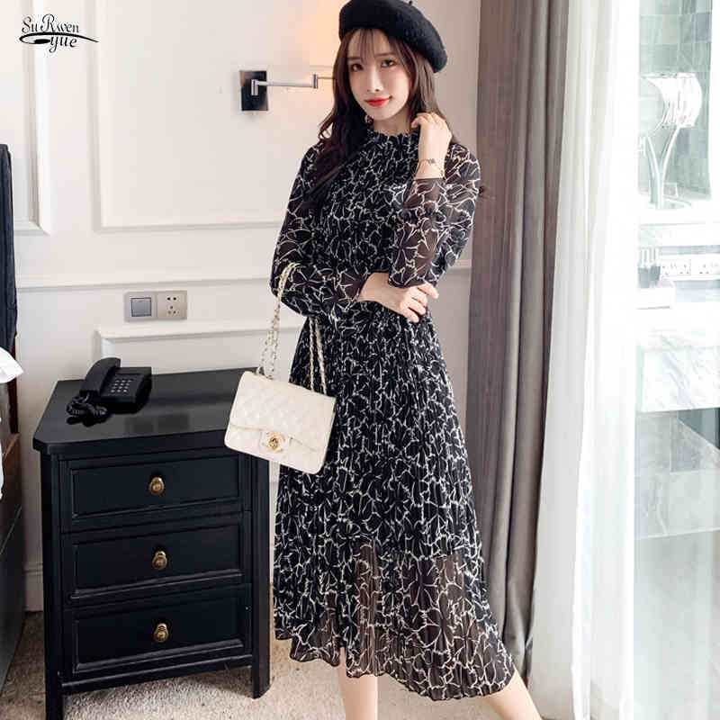 

Print A-Line Office Lady Elegant Dress Fashion Spring Black Vintage Clothes Long Sleeved Pleated 8702 50 210521