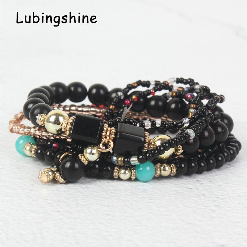 

Bohemia Multilayer Stone Beads Strand Bracelets Bangles Adjustable Women Bracelet Female Wedding Jewelry Lucky Pulsera 8pcs Beaded, Strands, Black