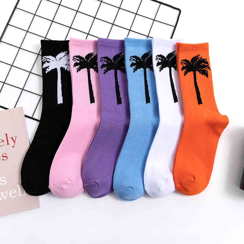 

Street Fashion Happy Funny Coconut Palm Tree Rich Cotton Adult Middle Calf Crew Socks Sandy Beach Colorful Leaf Men